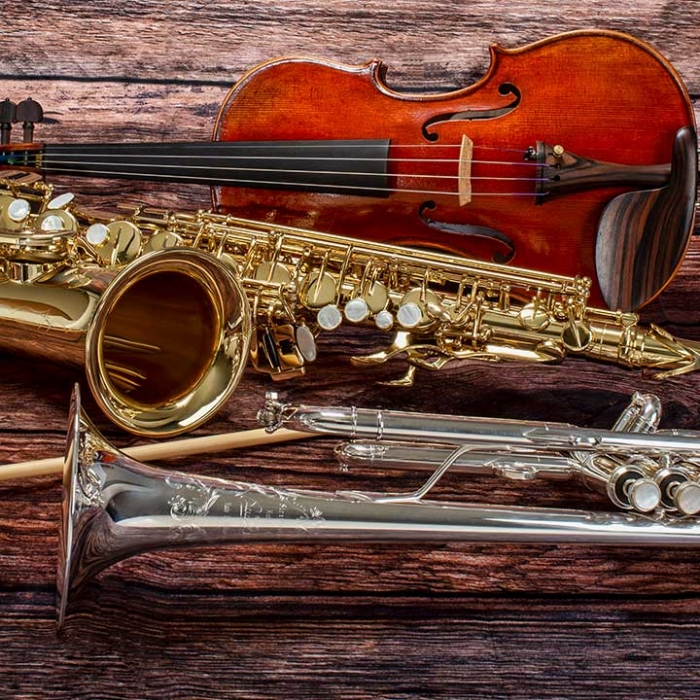 A trumpet, saxophone, and violin family shot of instruments.